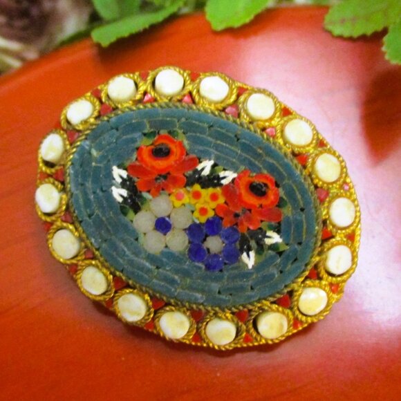 VINTAGE Italian Micromosaic Brooch: Floral Tesserae Tile Micro Mosaic Pin - Picture 9 of 14